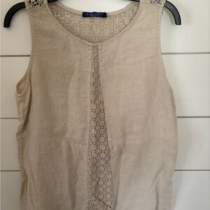 Michelangelo Beige Linen Tank with Crochet Lace Detail large